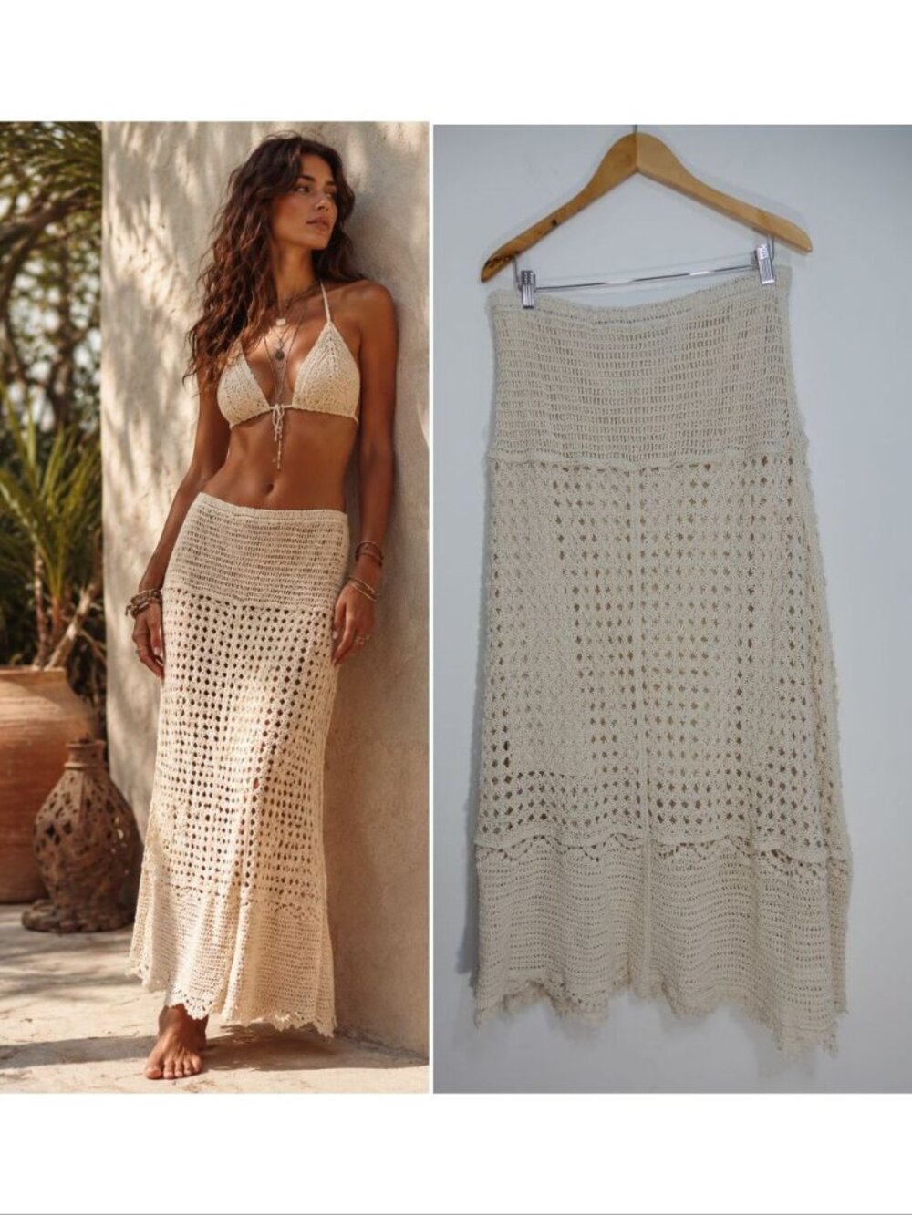LIV Los Angeles Crochet Maxi SKIRT Size L Beige Cream Cotton Long Boho NEW